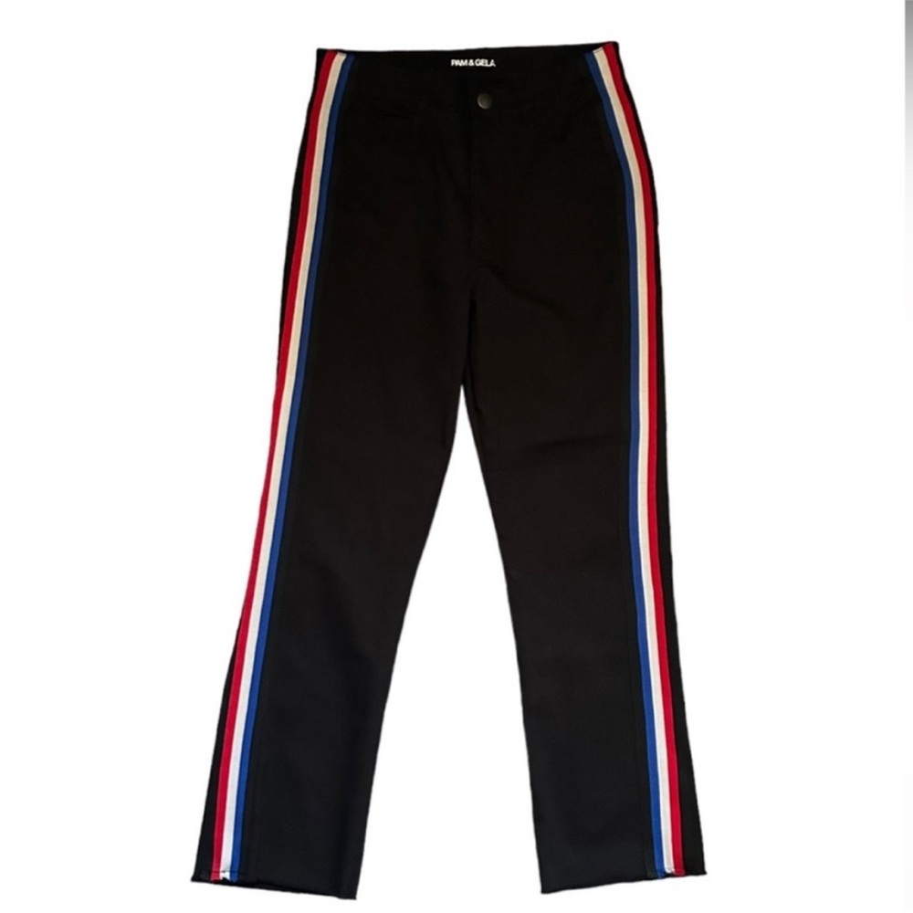 Pam & Gela Black Crop Flare Jeans Classic Stripe High Rise Sporty Chic Size 28